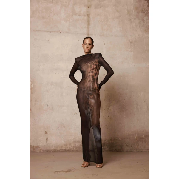 Bronx and Banco Leopard Long Sleeve Sheer Mesh Maxi Dress, view 5