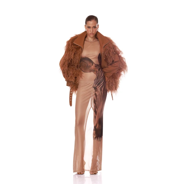 Bronx and Banco Marlowe Brown Feather Bomber Jacket