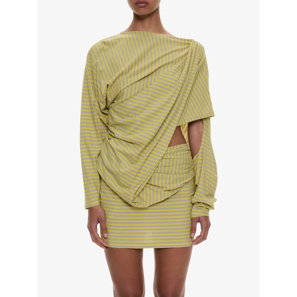 Christopher Esber Aiba Draped Cotton Jersey Long Sleeve Dress in Soleil Sepia Stripe, view 2