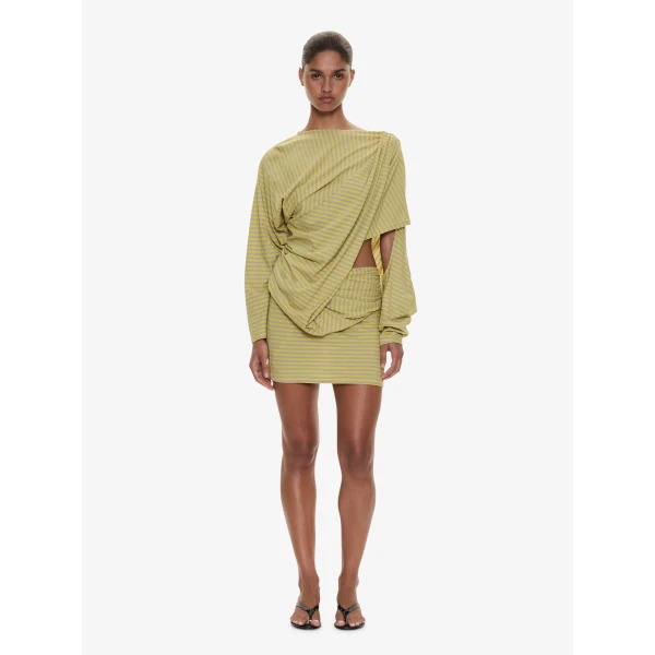 Christopher Esber Aiba Draped Cotton Jersey Long Sleeve Dress in Soleil Sepia Stripe, view 4