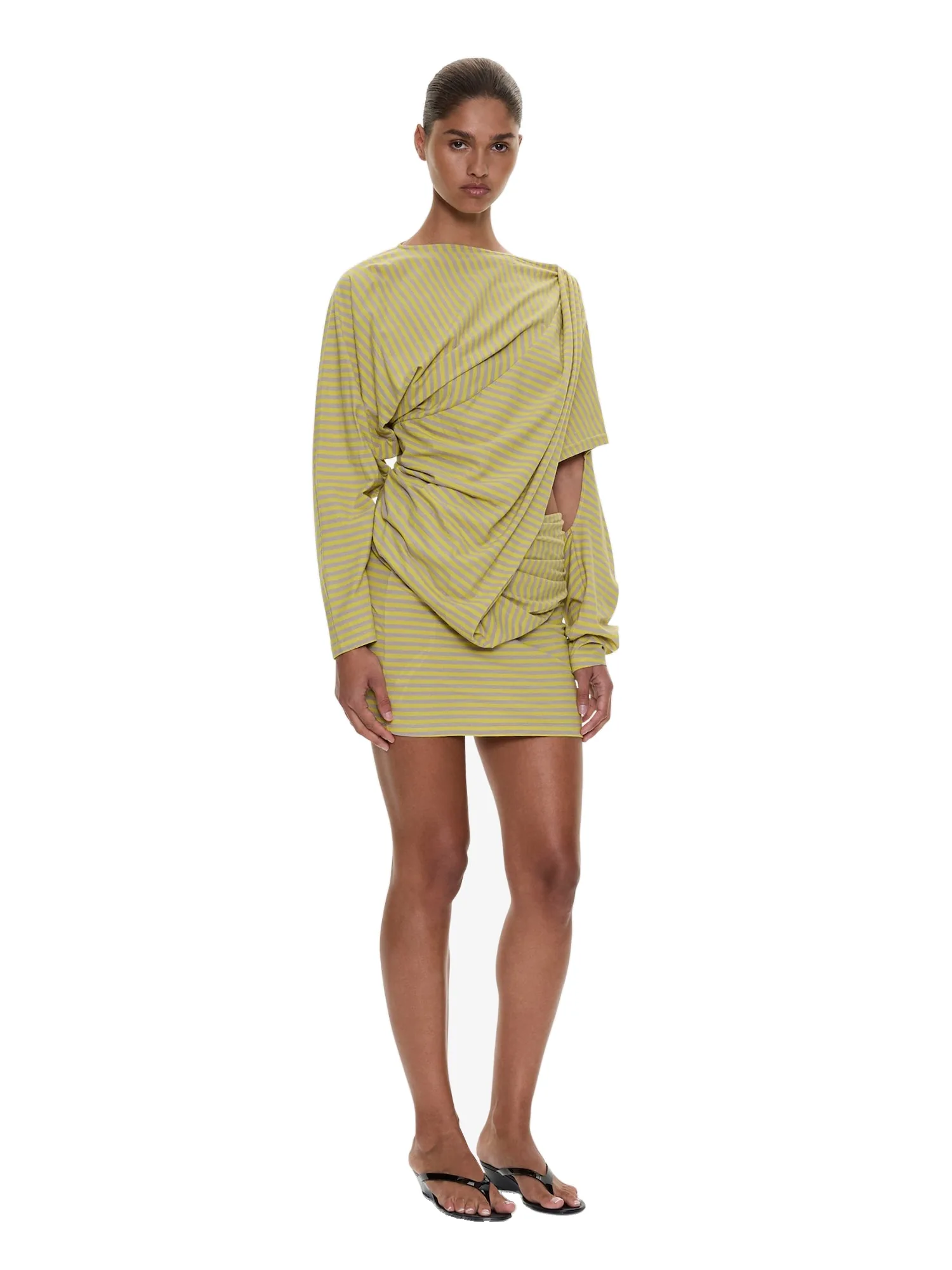Christopher Esber Aiba Draped Cotton Jersey Long Sleeve Dress in Soleil Sepia Stripe