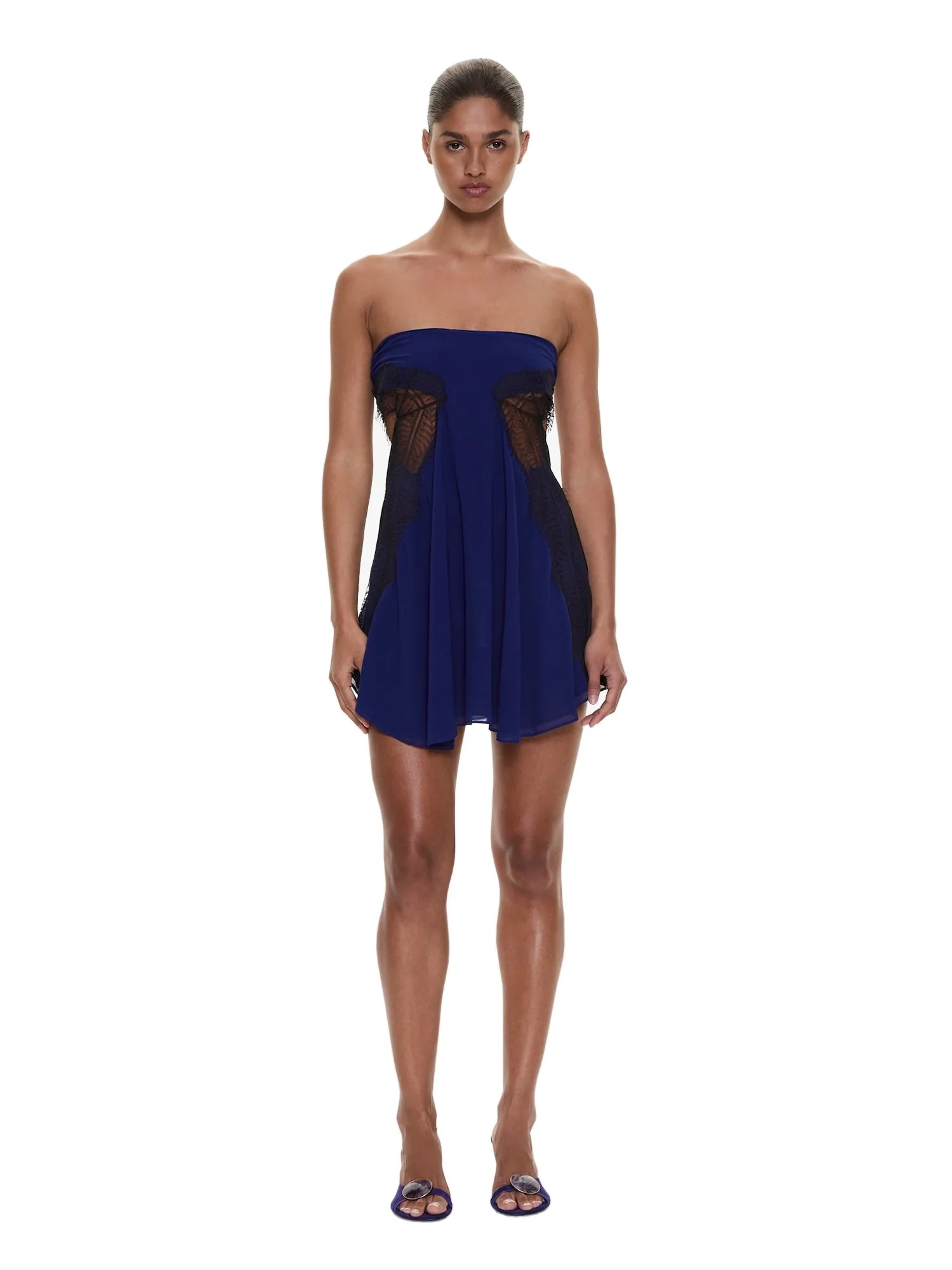 Christopher Esber Aira Strapless Lace Mini Dress in Ink Black