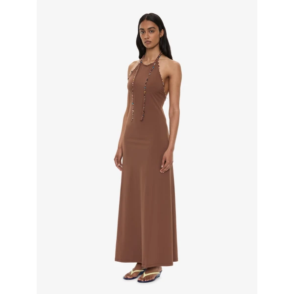 Christopher Esber Beach Quartz Halter Lycra Dress in Husk Brown, view 2