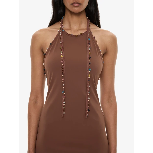 Christopher Esber Beach Quartz Halter Lycra Dress in Husk Brown, view 3
