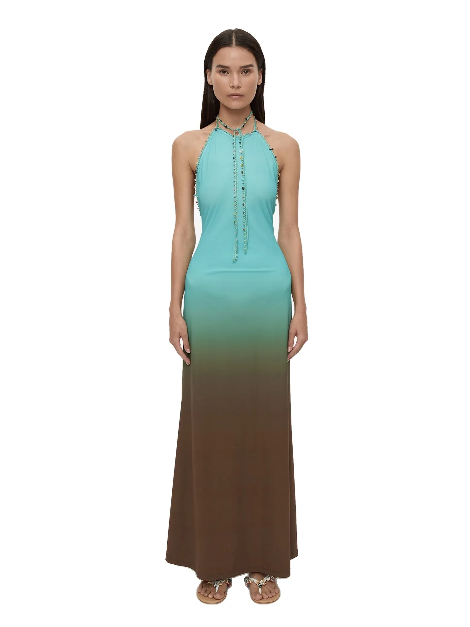 Christopher Esber Beach Quartz Halter Ombre Dress in Husk Brown Mineral Turquoise