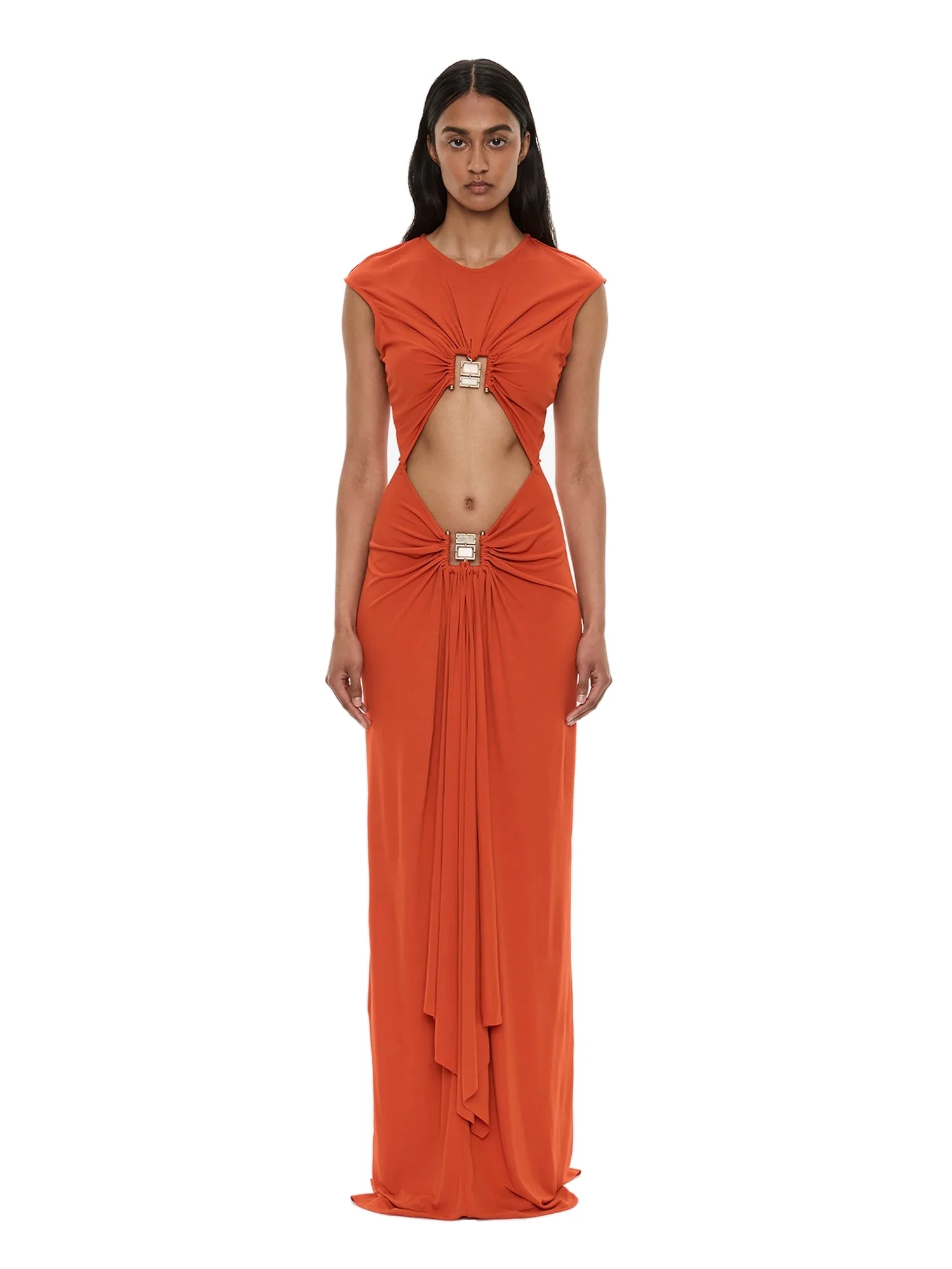 Christopher Esber Bezel Quartz Disconnect Short Sleeve Dress in Carnelian