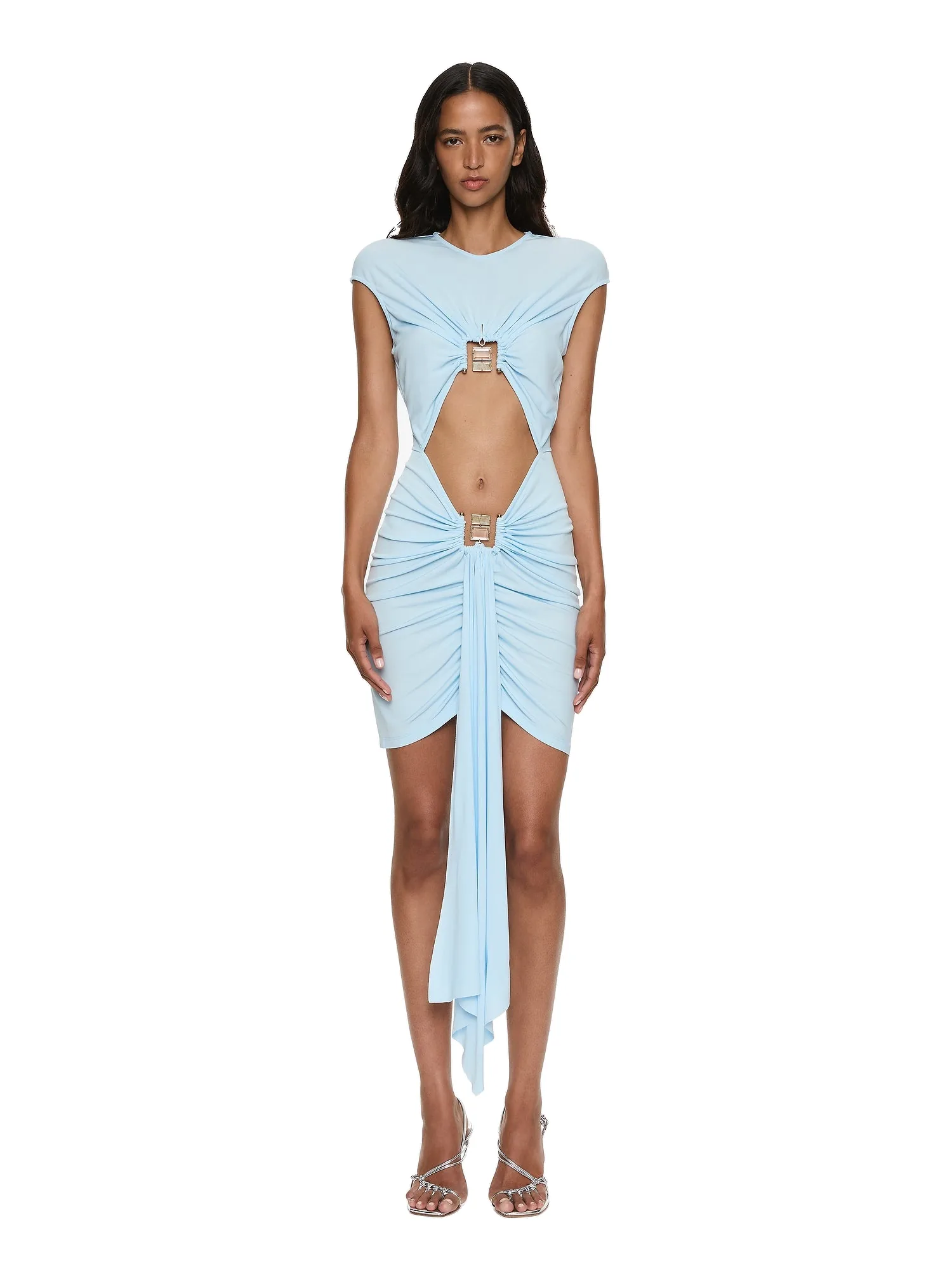 Christopher Esber Bezel Quartz Disconnect Short Sleeve Mini Dress in Lago Blue