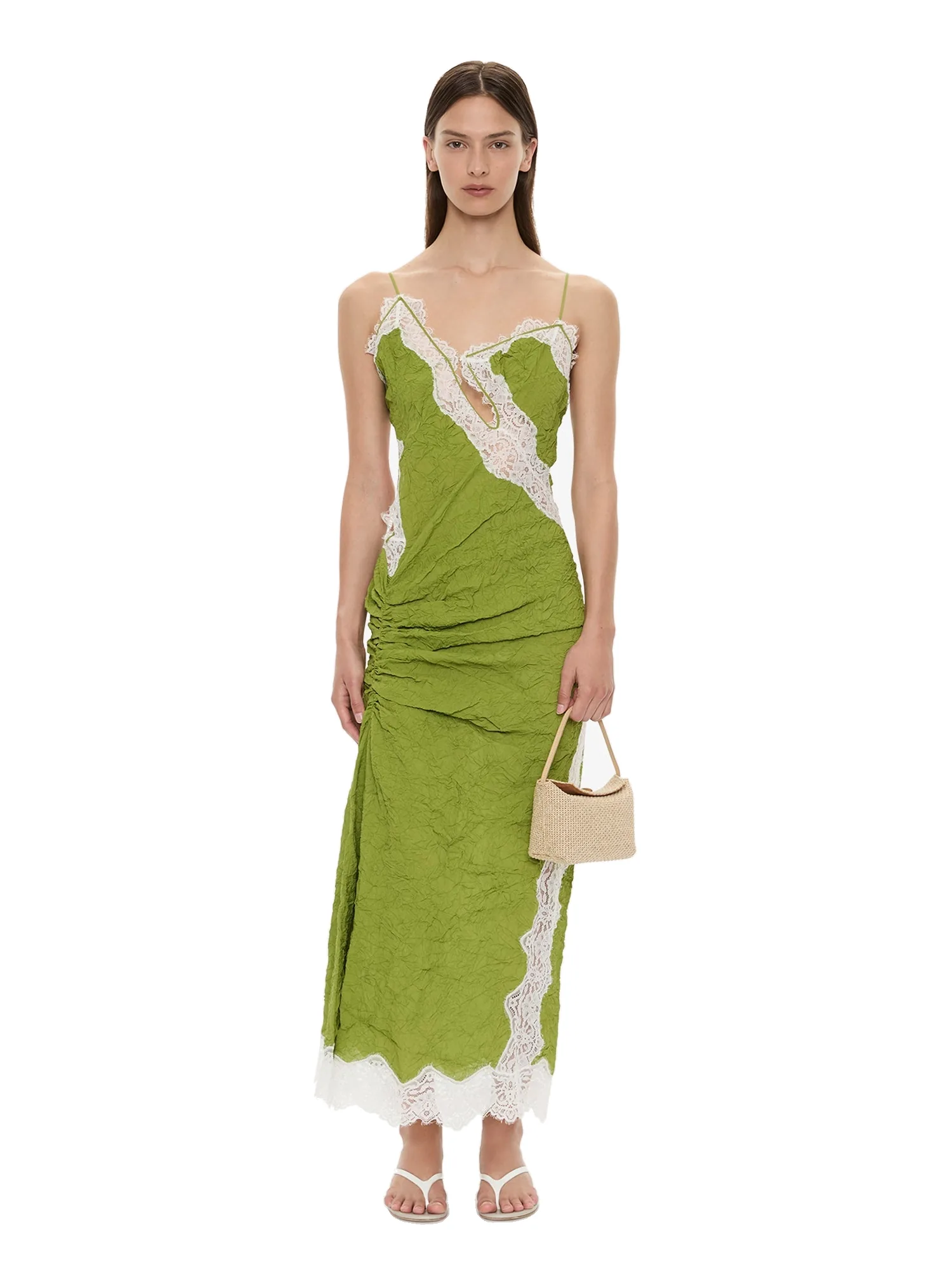 Christopher Esber Crimped Lace Cami Dress in Dypsis Green White