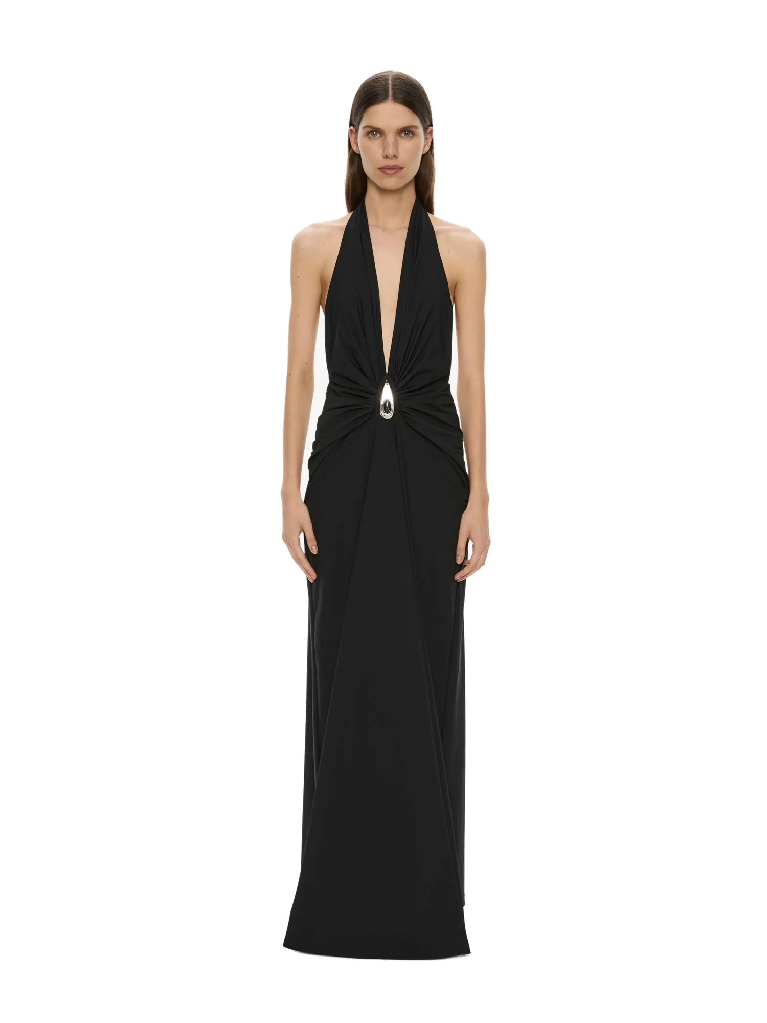 Christopher Esber Crystal Pendant Ruched Lycra Halter Dress in Black
