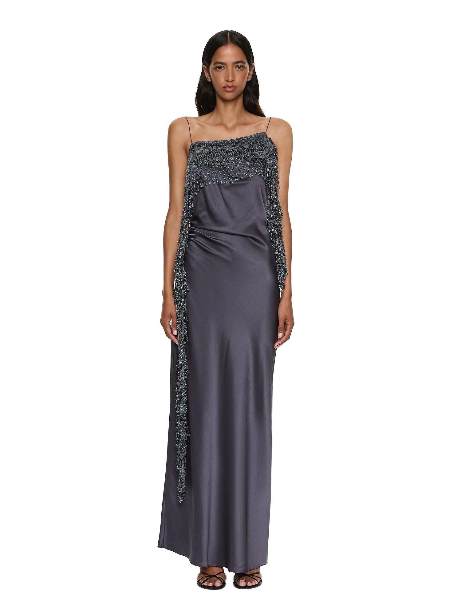 Christopher Esber Droplet Bead Crochet Trimmed Cami Dress in Blue Granite