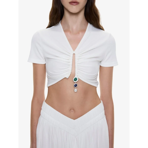 Christopher Esber Droplet Crystal Pendant Ruched Tee in White Top, view 3