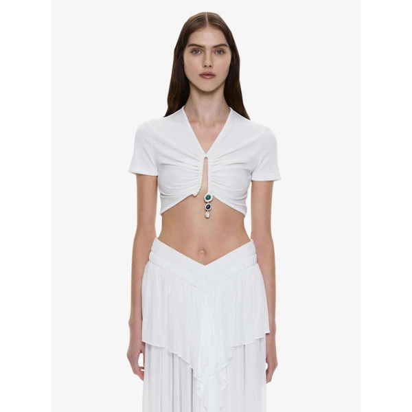 Christopher Esber Droplet Crystal Pendant Ruched Tee in White Top, view 5