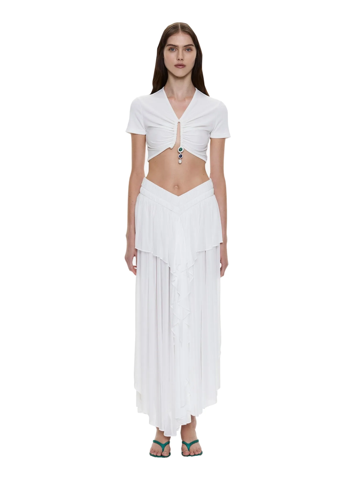 Christopher Esber Droplet Crystal Pendant Ruched Tee in White