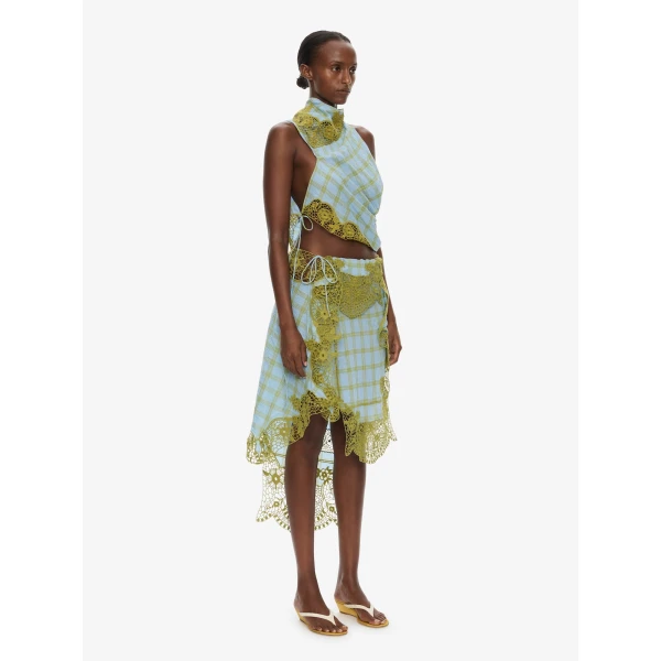 Christopher Esber Embroidered Handkerchief Envelope Midi Skirt in Sky Caper Check, view 2