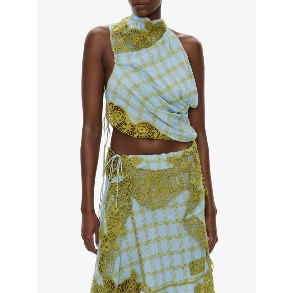 Christopher Esber Embroidered Handkerchief Envelope Midi Skirt in Sky Caper Check, view 3