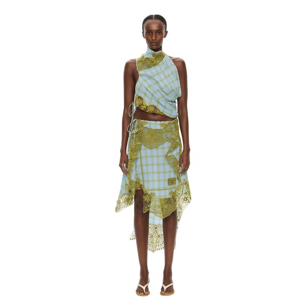Christopher Esber Embroidered Handkerchief Envelope Midi Skirt in Sky Caper Check