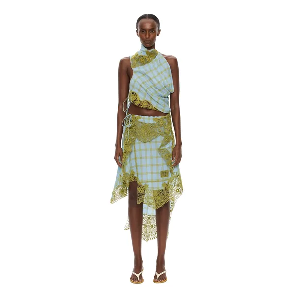 Embroidered Handkerchief Envelope Midi Skirt in Sky Caper Check