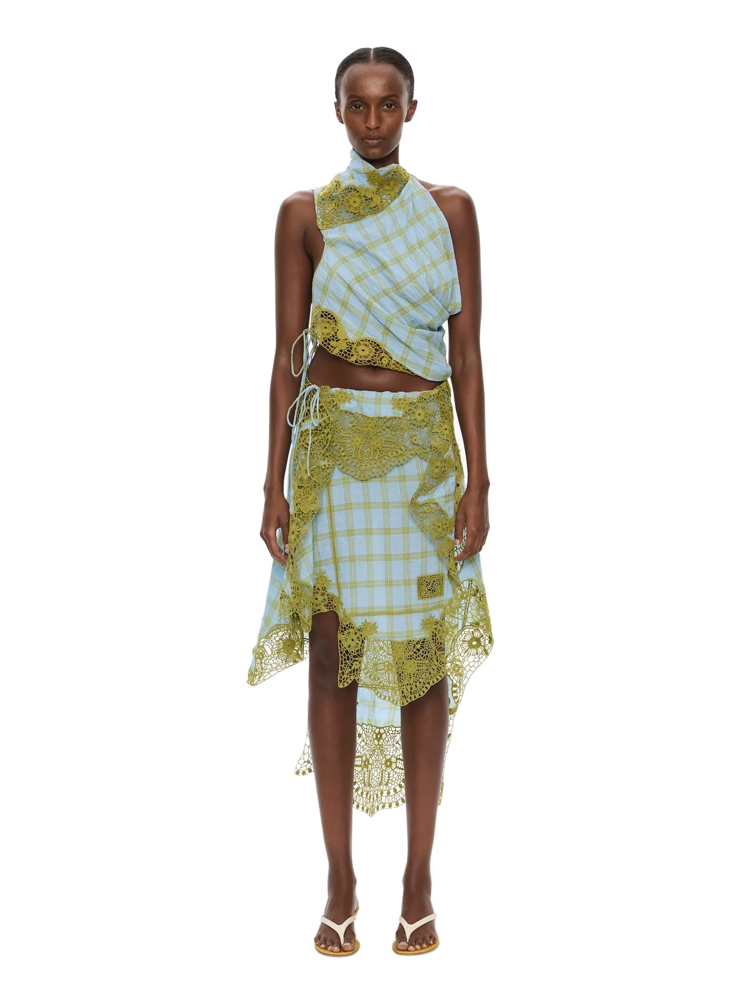 Christopher Esber Embroidered Handkerchief Envelope Midi Skirt in Sky Caper Check