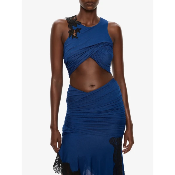 Christopher Esber Hibiscus Embroidered Fold Up Tank in Azurite Black Top, view 3