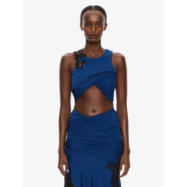 Christopher Esber Hibiscus Embroidered Fold Up Tank in Azurite Black Top, view 5