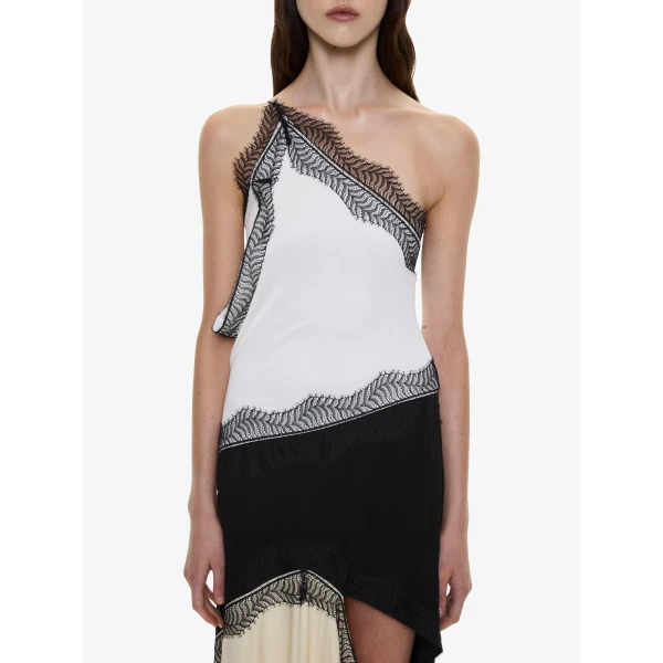 Christopher Esber Keira Split Lace One Shoulder Cutaway Dress in Mastic Multi, view 2