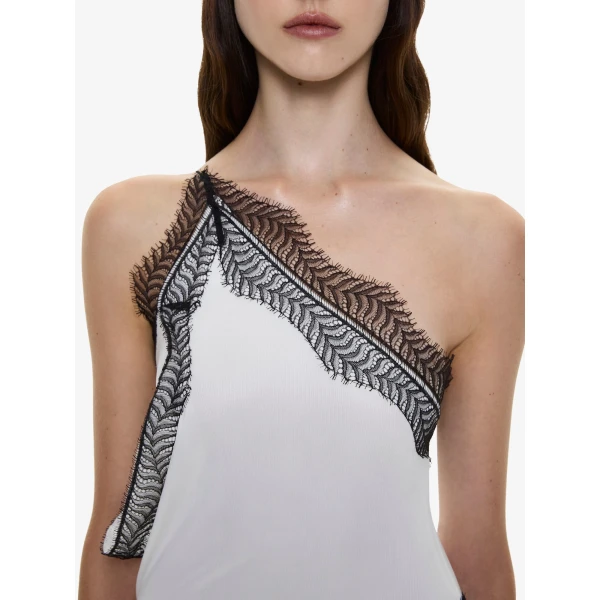 Christopher Esber Keira Split Lace One Shoulder Cutaway Dress in Mastic Multi, view 4