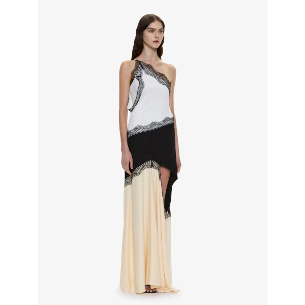 Christopher Esber Keira Split Lace One Shoulder Cutaway Dress in Mastic Multi, view 5