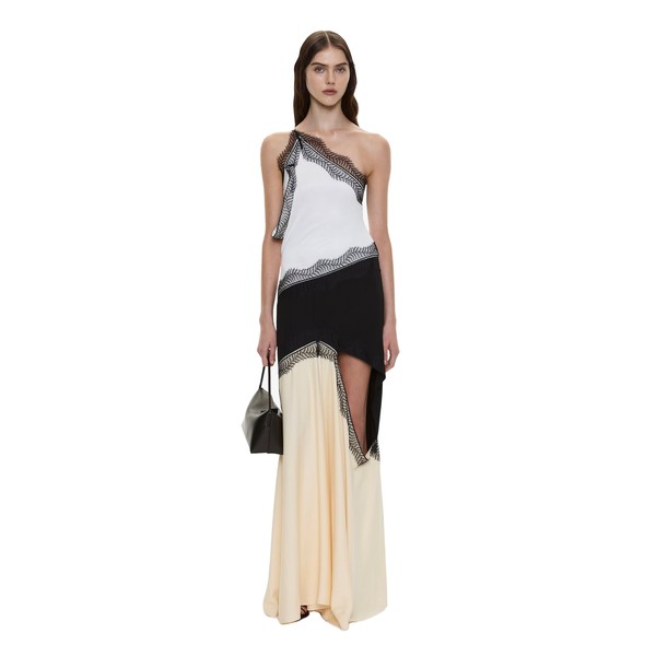 Christopher Esber Keira Split Lace One Shoulder Cutaway Dress in Mastic Multi