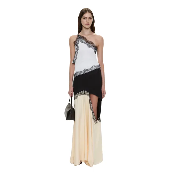 Christopher Esber Keira Split Lace One Shoulder Cutaway Dress in Mastic Multi