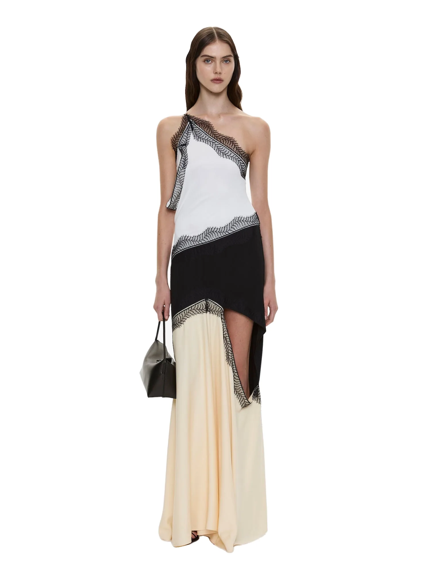Christopher Esber Keira Split Lace One Shoulder Cutaway Dress in Mastic Multi