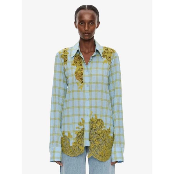 Christopher Esber Maya Embroidered Handkerchief Shirt in Sky Caper Check, view 5