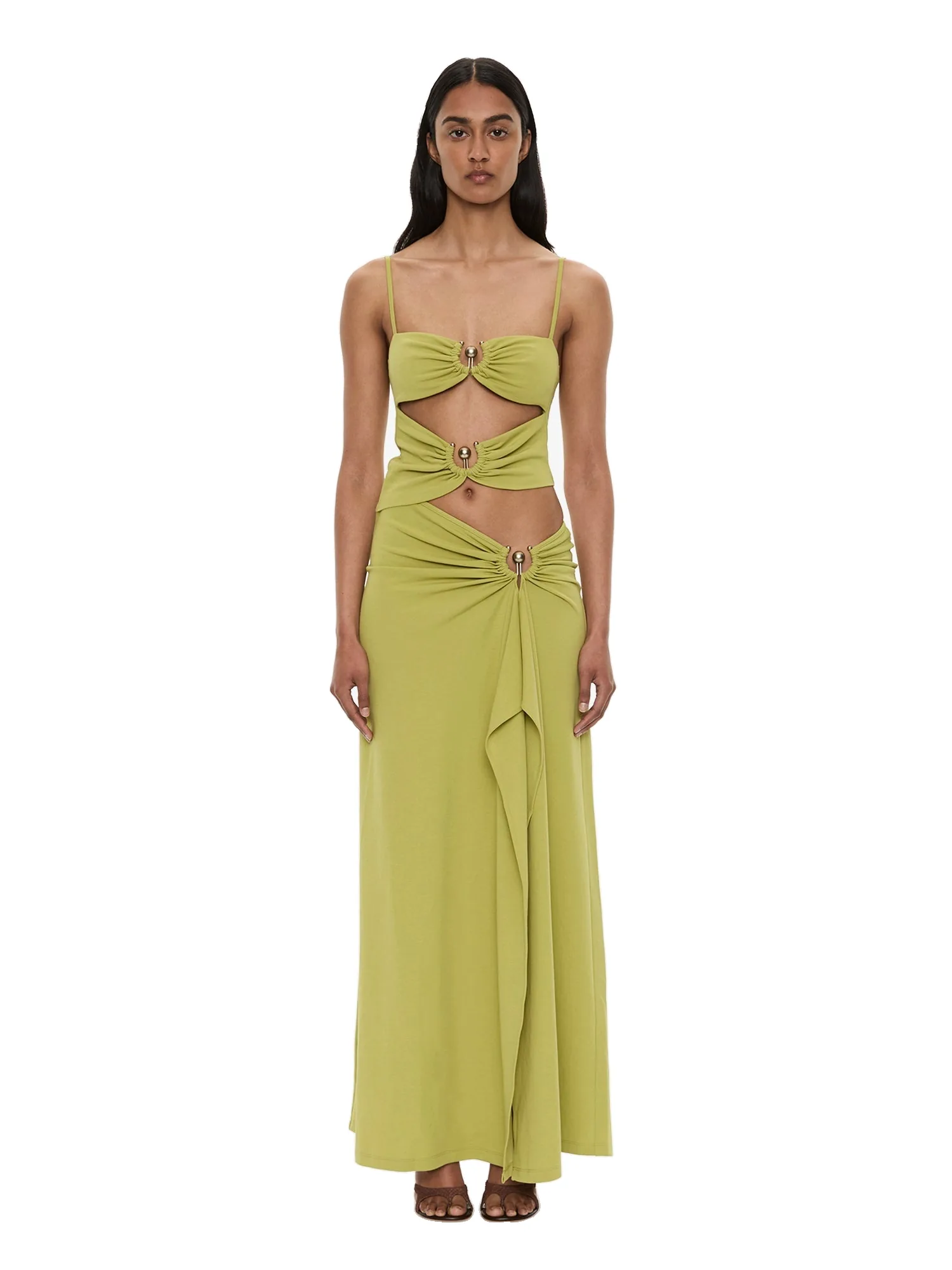 Christopher Esber Orbit Ruched Disconnect Cascade Dress in Dypsis Green