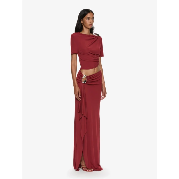Christopher Esber Orica Crystal Cascade Jersey Skirt in Wine, view 2