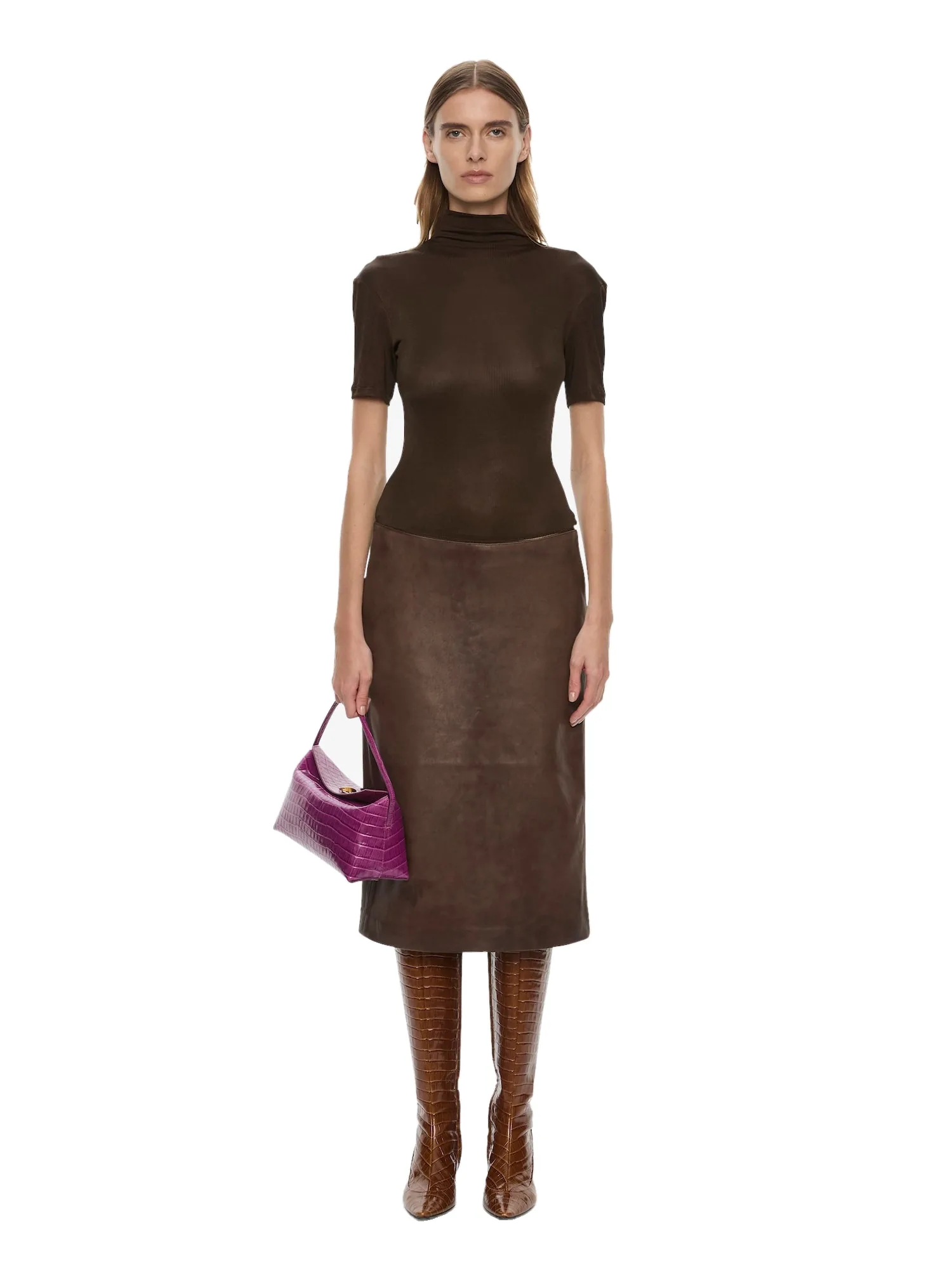 Christopher Esber Redux Ribbed Leather Tee Dress in Dark Umber