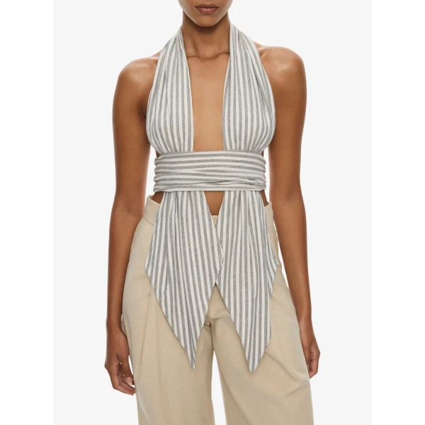 Christopher Esber Scarf Draped Halter Top in Grey Stripe, view 2