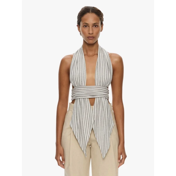 Christopher Esber Scarf Draped Halter Top in Grey Stripe, view 5