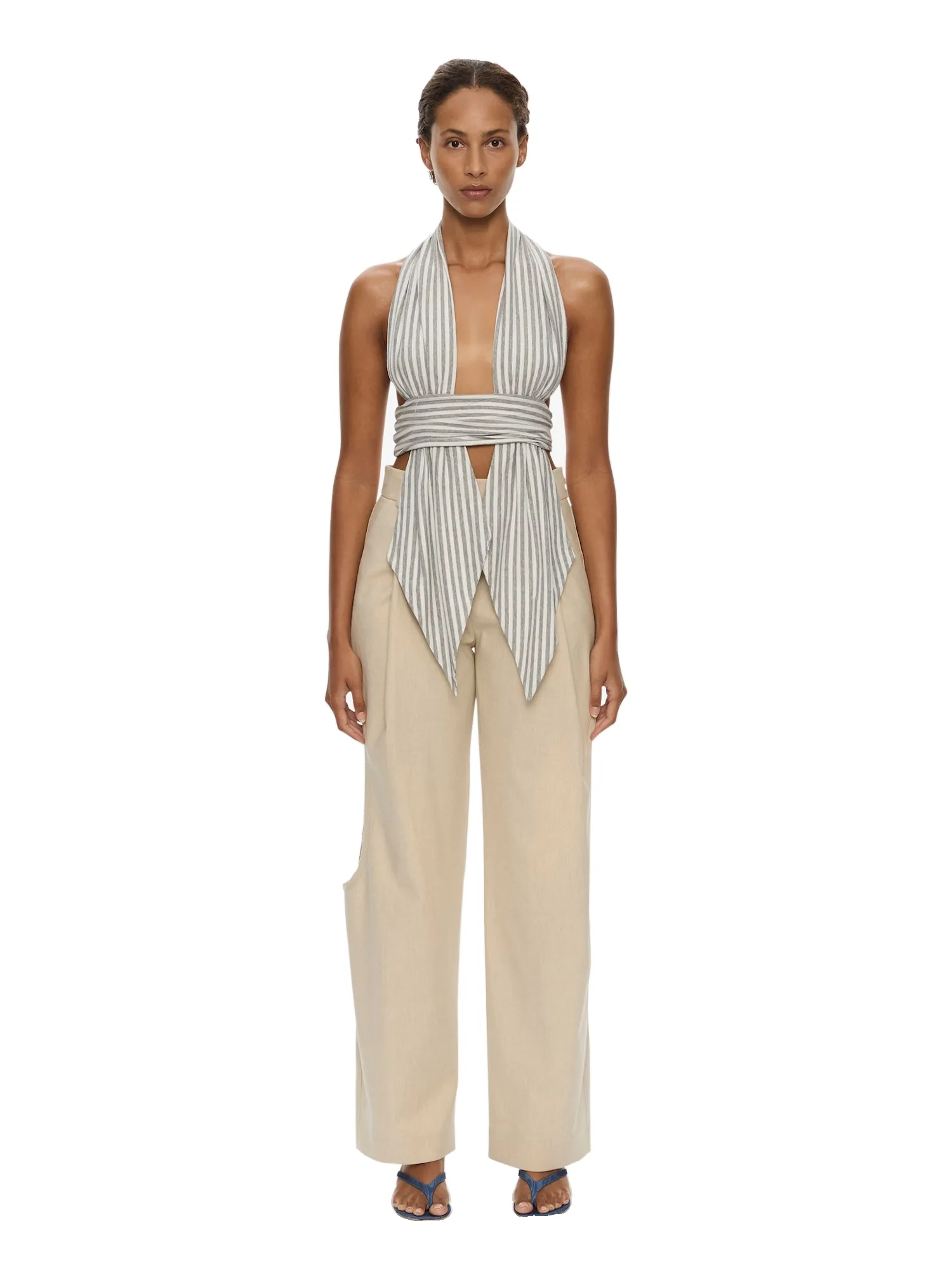 Christopher Esber Scarf Draped Halter Top in Grey Stripe