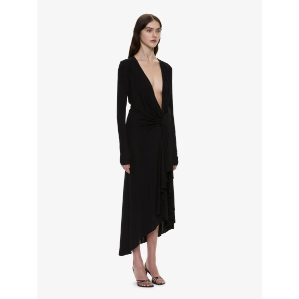 Christopher Esber Spire Cascade Long Sleeve Dress in Black, view 3
