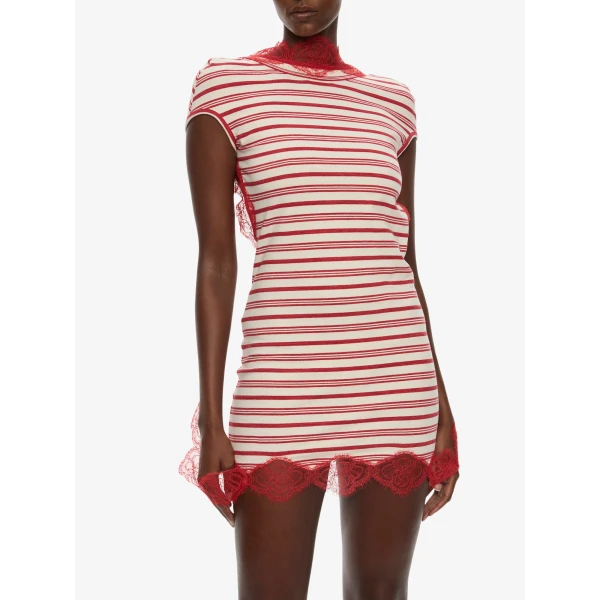 Christopher Esber Stripe Jersey Lace Trimmed Tee Dress in Flame White, view 2