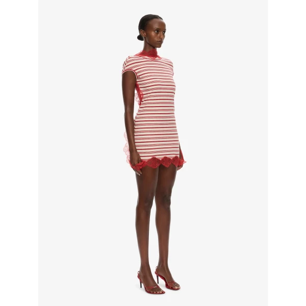 Christopher Esber Stripe Jersey Lace Trimmed Tee Dress in Flame White, view 3