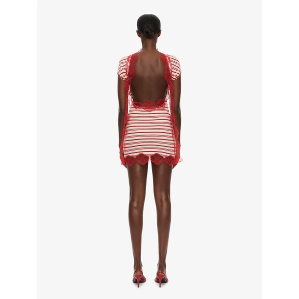 Christopher Esber Stripe Jersey Lace Trimmed Tee Dress in Flame White, view 4