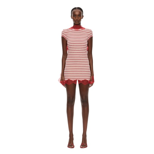 Christopher Esber Stripe Jersey Lace Trimmed Tee Dress in Flame White