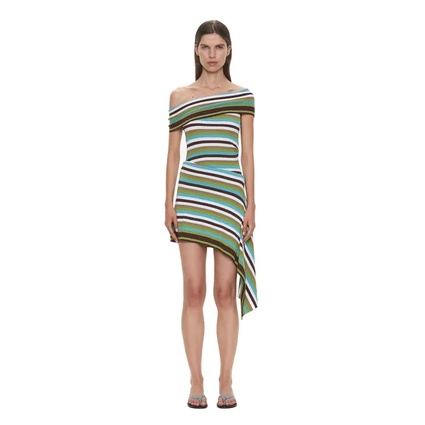 Christopher Esber Stripe Knit Extension Drape Mini Dress in Vert Stripe