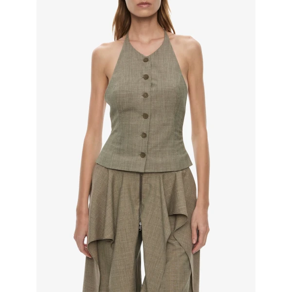Christopher Esber Tropical Wool Split Trouser Skirt in Tropical Sage Marle, view 3