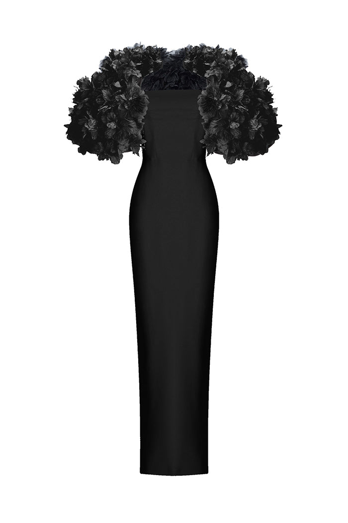 Crepe maxi dress with floral trim in Black