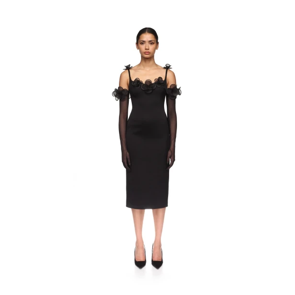 David Koma 3D Lace Flower Satin Midi Dress In White, view 2