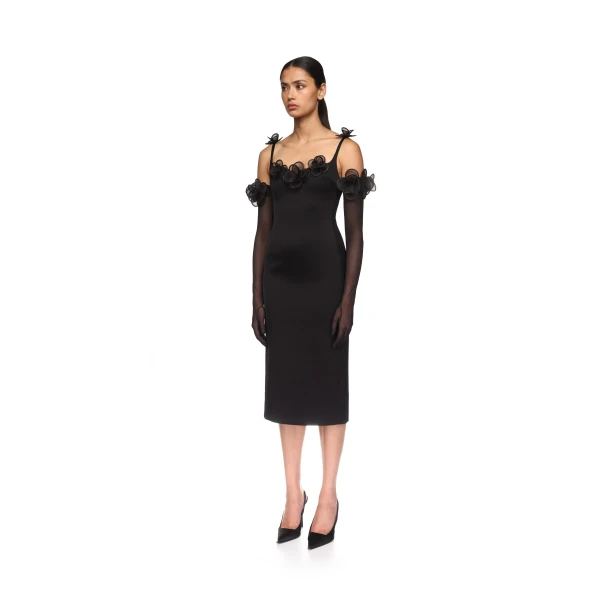 David Koma 3D Lace Flower Satin Midi Dress In White, view 3