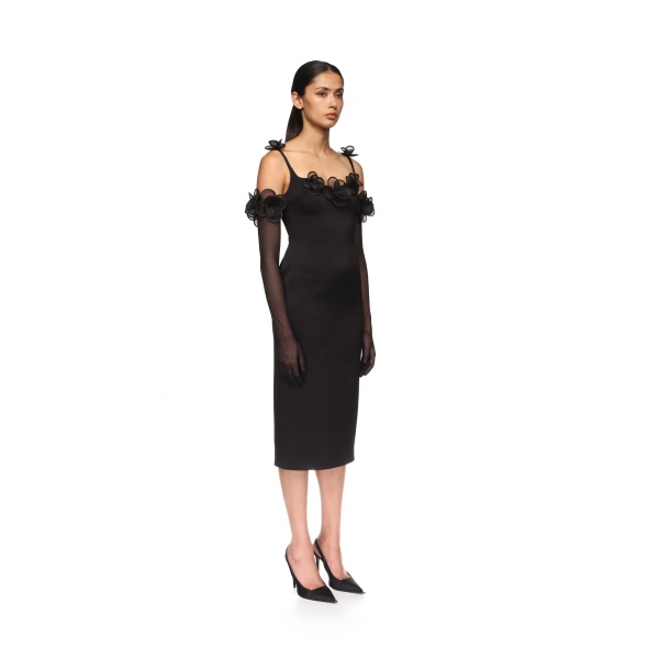 David Koma 3D Lace Flower Satin Midi Dress In White, view 4