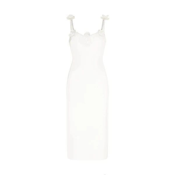 David Koma 3D Lace Flower Satin Midi Dress In White