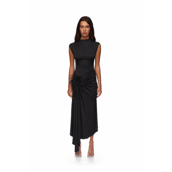 David Koma Cactus Dahlia Detail Draped Midi Dress In Black, view 2